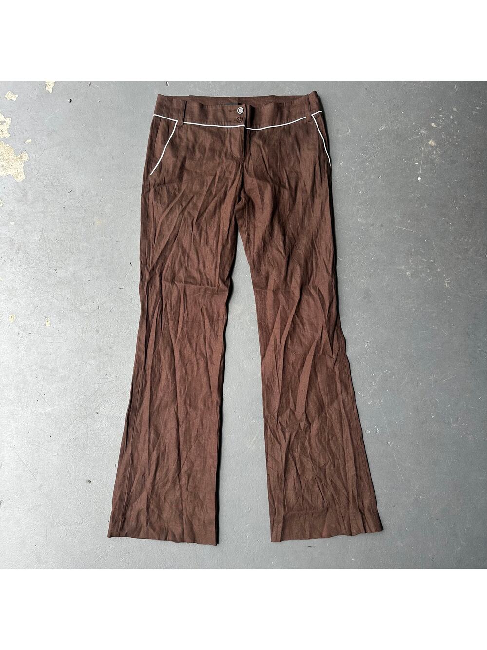 Bebe Brown Linen Blend Flare Pants Y2K Low Rise Career Trousers